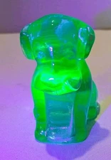 Degenhart Art Glass Pooch the Dog Figurine  Green Blue 1977 UV Glow