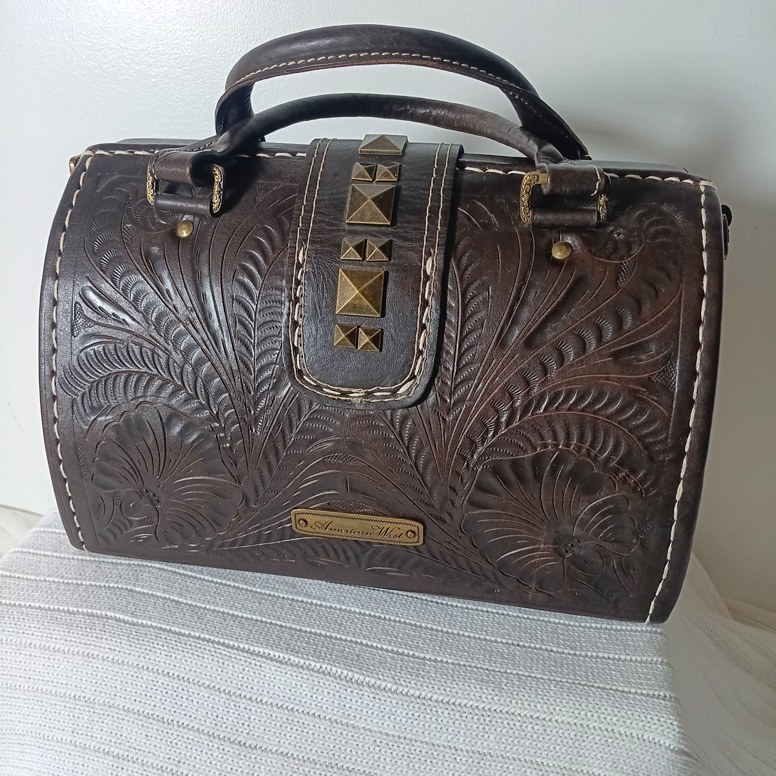 American West Brown Tooled Structured Leather Doctor Style Satchel Shoulder Bag image 6
