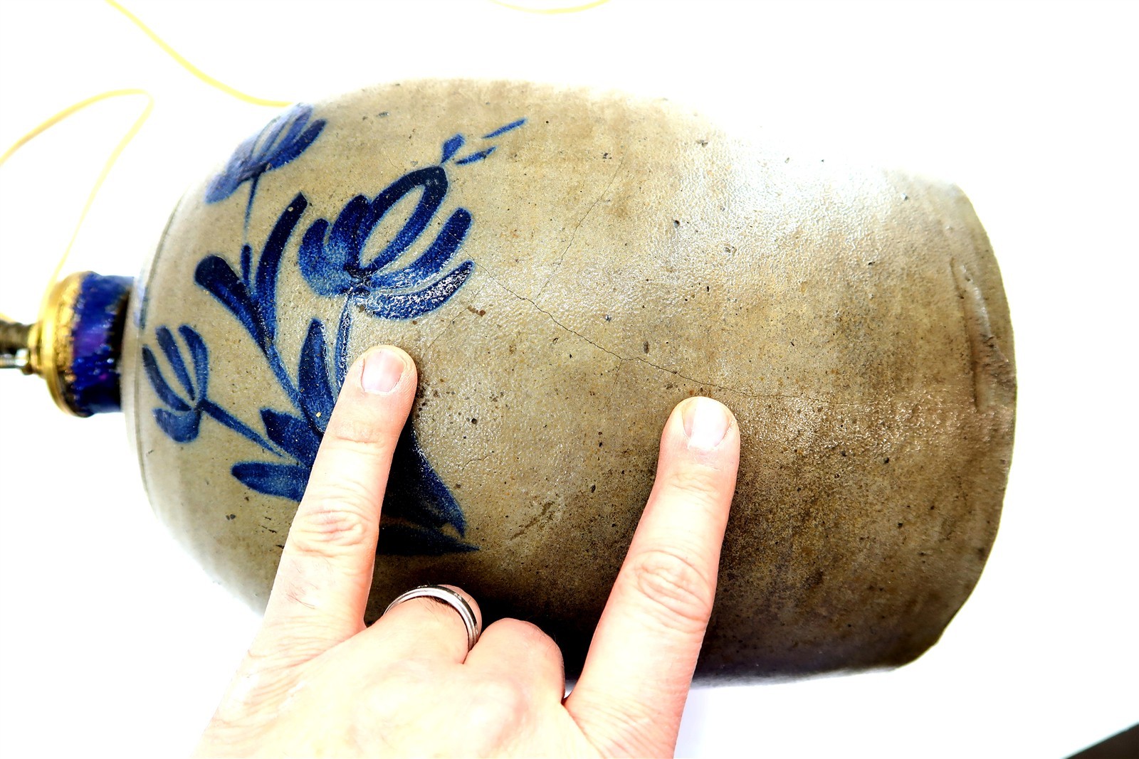 Vintage Blue Decorated Stoneware Handled Jug Table Lamp 28" Tall AS-IS CONDITION