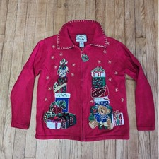 Tiara Christmas Sweater Zip Up Cardigan Presents Teddy Bear Holiday Small