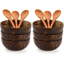 Set Of 6 Coconut Bowls With 6 Spoons- Natural Handmade Eco Friendly