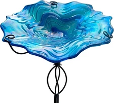 HONGLAND 32 Inch Height Bird Baths for Outdoors, Glass Birdbaths Outdoor Blue 