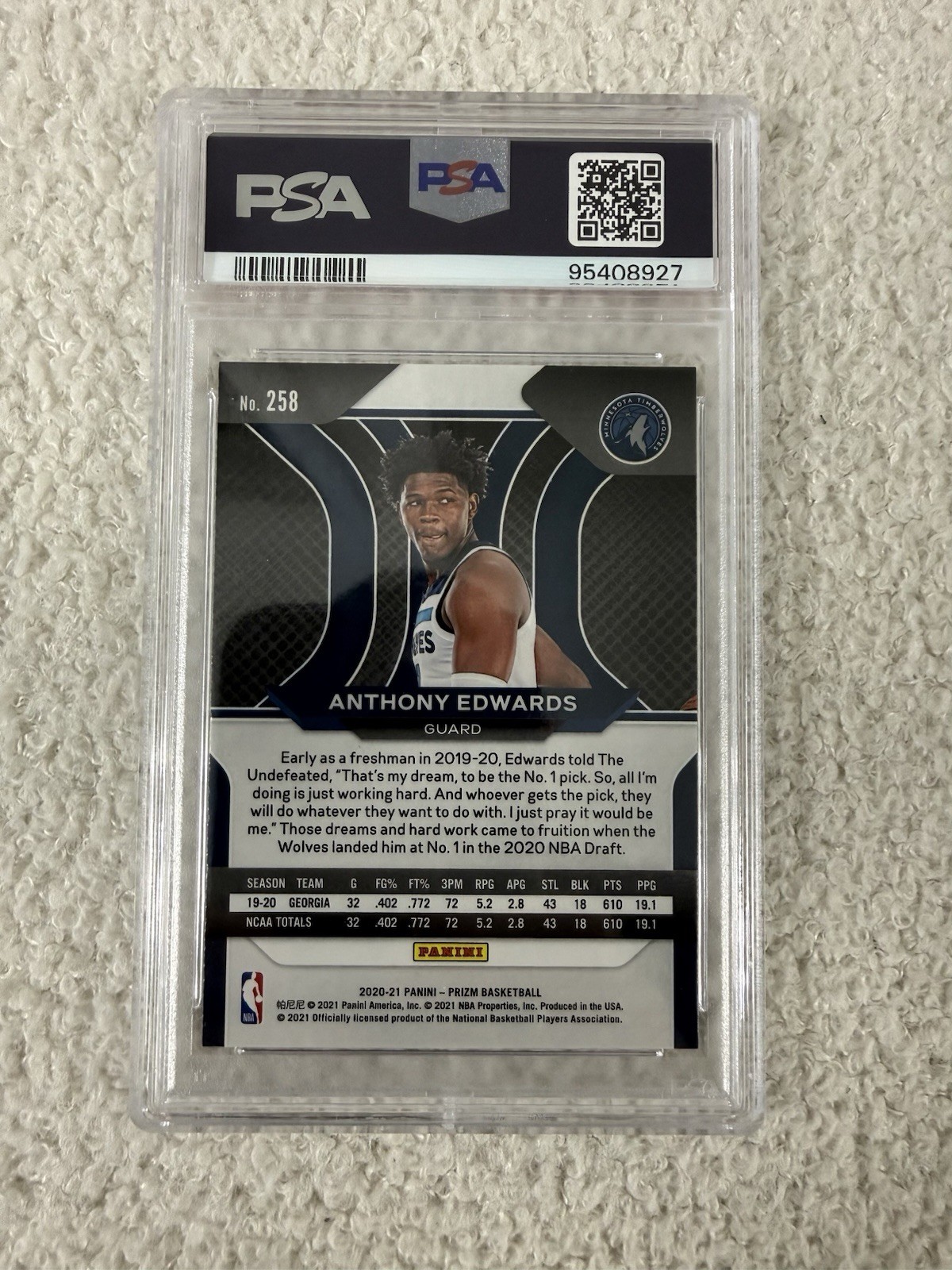 Panini Prizm 2020-21 Anthony Edwards Rookie #258 PSA 10 Timberwolves view 2