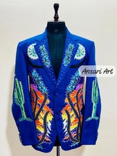 Men Royal Blue 2Pc Floral Embroidered Cowboy Western Nudie Suit wedding Outfit