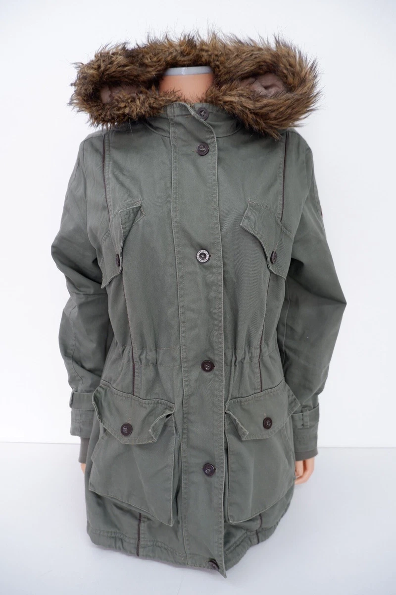 Bellfield Womens Parka Coat Size M Uk 12 Military Khaki Green Faux Fur