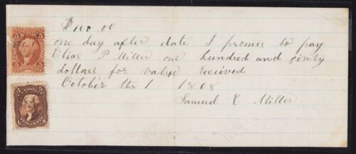 US Handwritten Promissory Note with #76 Brown Revenue Usage R24c - 10/1/1868