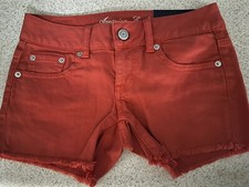 Womens American Eagle Size 00 Distressed Denim Cut Off Shorts Mid Rise, Orange