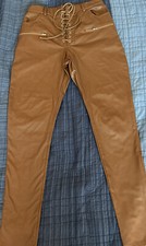 Women's PrettyLittleThing Brown Faux Leather Lace Up Front Pants Sz 4