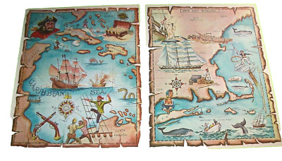 Vintage Caribbean Pirate & Down East Whaling Map Art Prints - Near Mint Unused