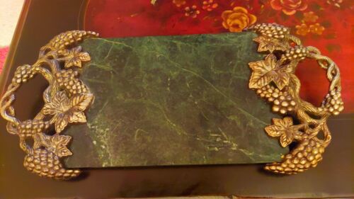 Godinger Vintage Silver Plated Grape & Vine Green Marble Serving Tray - Picture 1 of 7