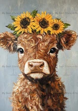 SUNFLOWER COW ART PRINT, Highland Calf Wall Decor, Farmhouse Country Poster F948