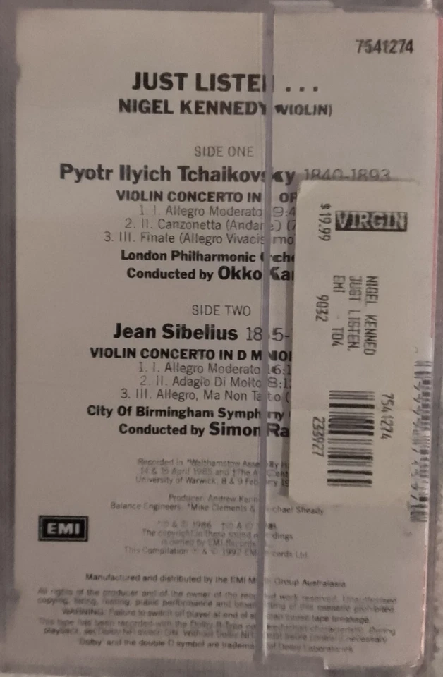 NIGEL KENNEDY Just listen Cassette Tchaikovsky Sibelius Violin Concertos HX Pro - Image 2 of 4