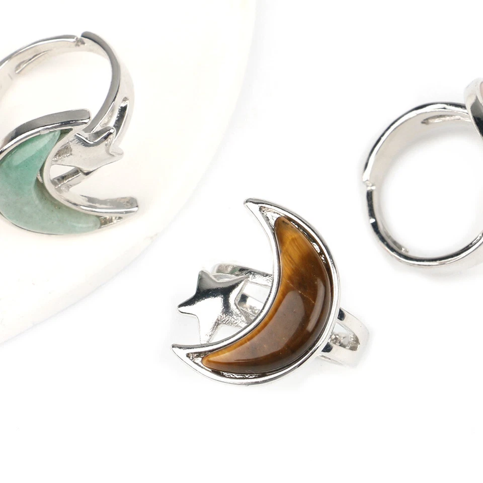 Open Crescent Moon Star Adjustable Ring Gemstone Finger Rings Party Jewelry Gift - Image 4 of 4
