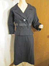 VINTAGE 40'S/50'S BLACK SOFT WOOL WASP WAIST FITTED SUIT 28W