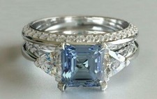 4ct Simulated Blue Aquamarine Engagement Ring Bridal Set 14k White Gold Plated