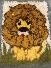 Vtg Latch Hook Rug Lion Wall Hanging Cute Decor MCM Hand Made 17" x 23" Kitsch