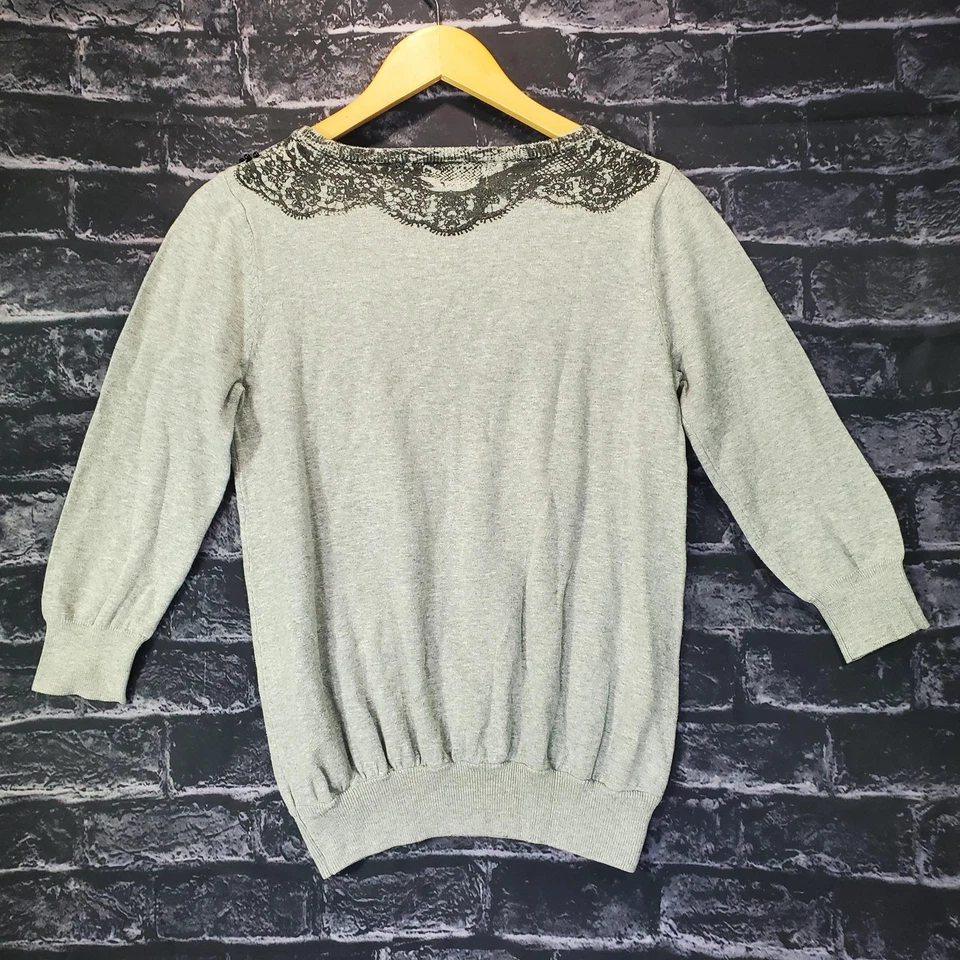 Forever 21 Sweater Womens Medium Gray Lace Pearl Beaded Whimsey Goth Boho Top - Image 2 of 4