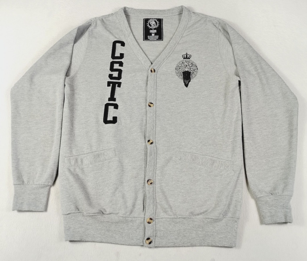 Crooks & Castles Sweater Cardigan Mens Medium Gray Medusa Graphic Streetwear