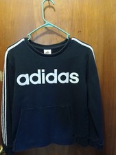 adidas Logo Crewneck Black with White Stripes Boys Large Kangaroo Pouch