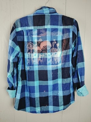 Upcycled Flannel Shirt Shacket Womens M Bleached Mushrooms Lace Crochet Cottage