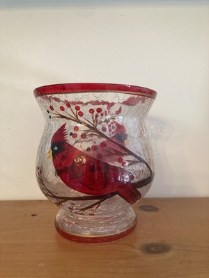 Beautiful Cardinal Crackle Glass Candle Holder Christmas Hand Painted