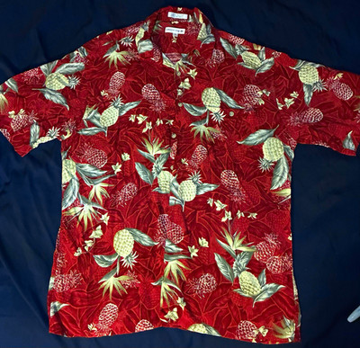 Pierre Cardin Men's L Red Hawaiian Tropical Floral Rayon Short Sleeve Button-Up