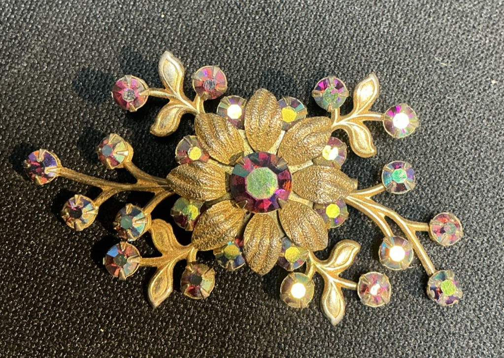 Vintage Judy Lee Gold Tone Flower Brooch AB Rhinestone Crystal Shiny