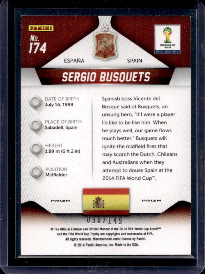 2014 Prizm World Cup Sergio Busquets Prizm Red #90/149 Spain - Image 2 of 2