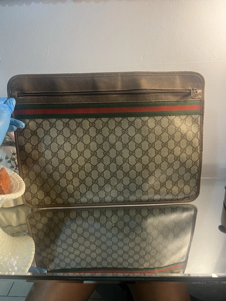 Autêntica Bolsa para Laptop Gucci Monograma Líder Marrom e Verde Excelente Estado - Imagem 3 de 4