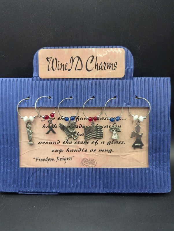 Wine Glass Stem ID Charms 4th of July Freedom Flag America Cookout Set of 6