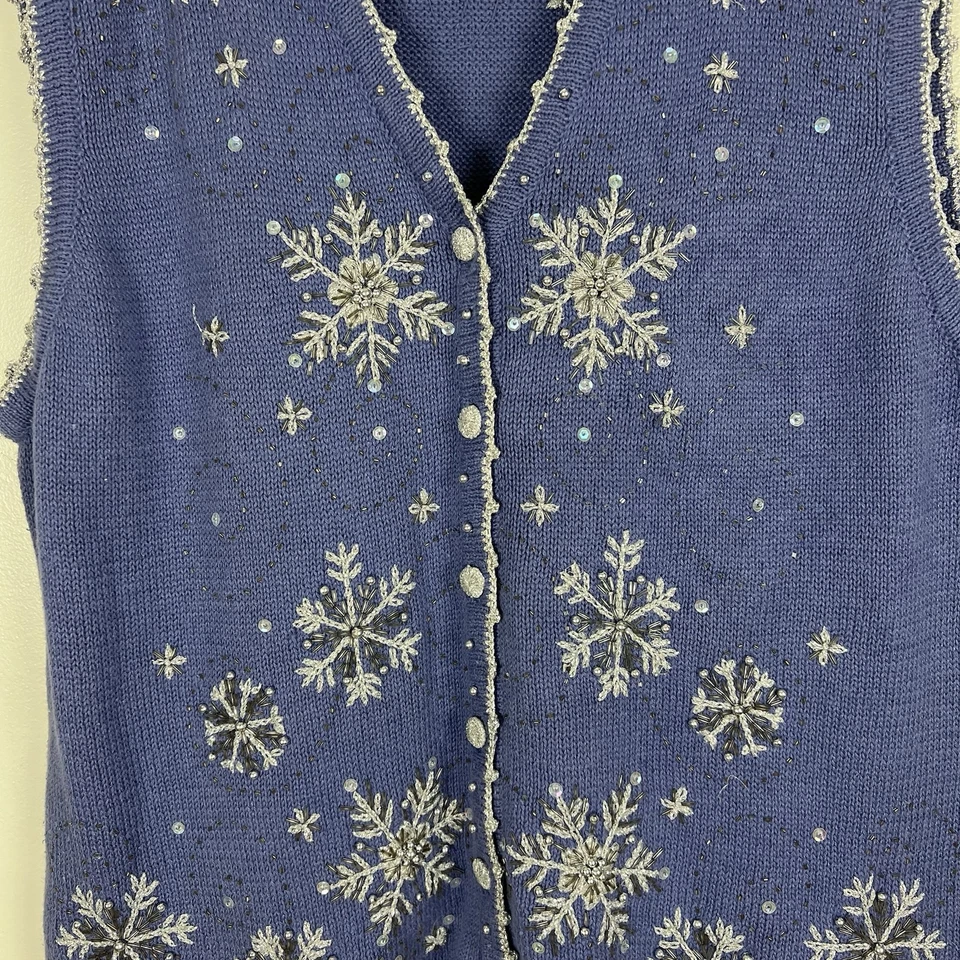 De Colección Blanco Ciervo Lavanda Suéter Chaleco Bordado Cuentas Copos de Nieve Talla 18W / 20W Foto 3 de 4