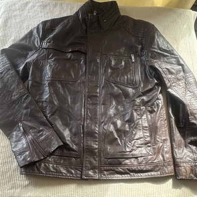 JACK & JONES Men s Brown Leather Jacket Hidden  Hood Full Zip 