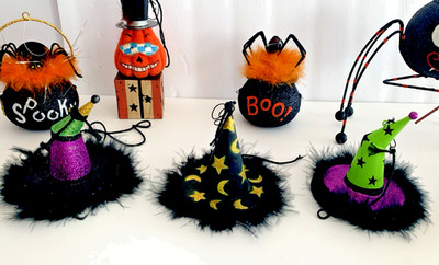 Pier 1 Feathered Witch Hat Ornaments (Set of 3) Hand Painted, Halloween