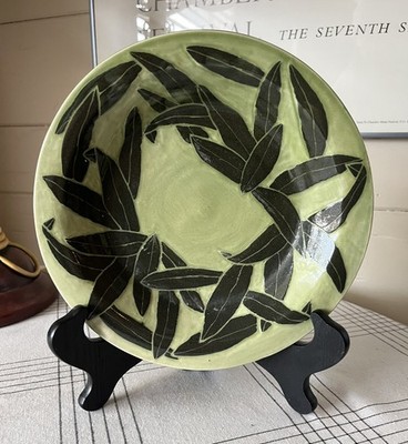 Karis Swink Studio Pottery Bowl Green Leaves Majolica Style