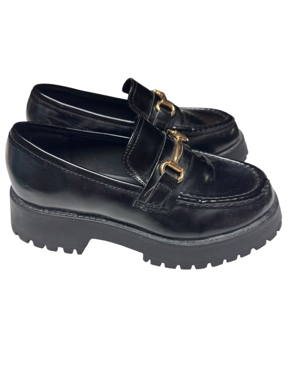 ASOS Design Black Chunky Lug Sole Loafers 6 Gold Horsebit Platform Shoes Women