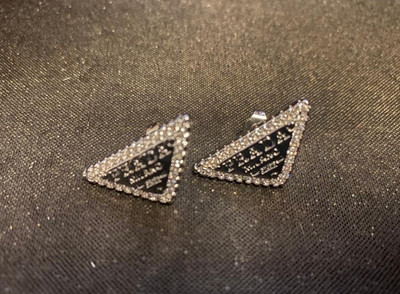 Womens Prada Signature Triangle Black/Silver Tone Stud Earrings