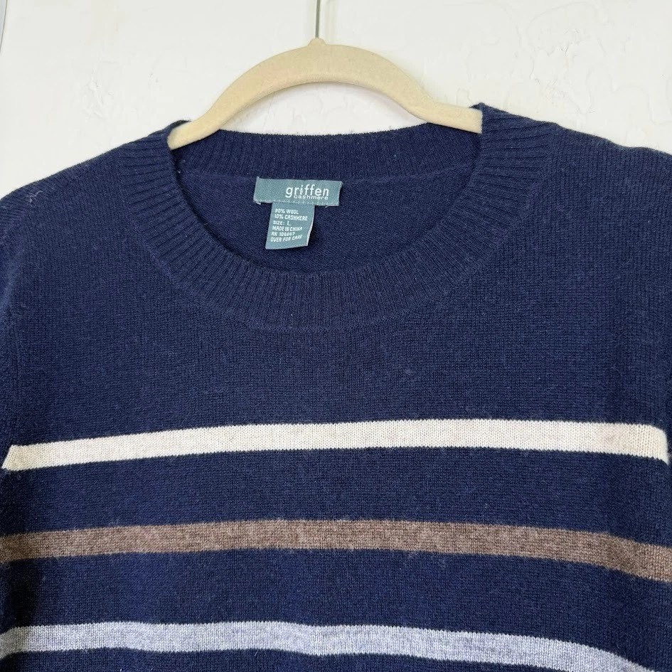 Suéter Griffen Mujer Lana Cachemira Cuello Redondo Rayas Azul Marino Preppy Talla L Foto 2 de 4