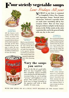1929 Campbell's Tomato Celery Pea Asparagus Soups For Lent Friday Color Print Ad