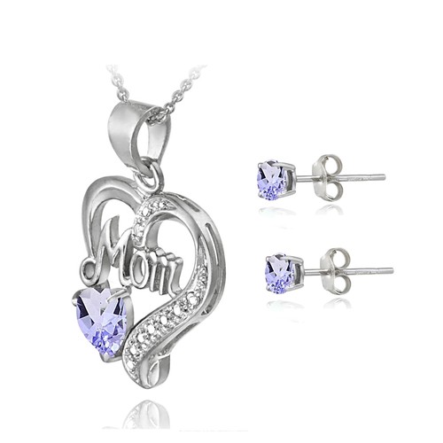 925 Silver Amethyst & Diamond Accent MOM Heart Necklace & Earrings Set - Picture 2 of 3