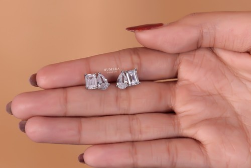 3.32 CT Pear + Emerald Moissanite Earrings for Women | 10K 14K 18K 92.5 Silver - Picture 4 of 24