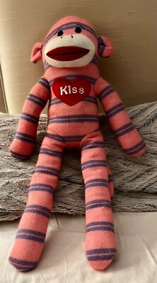 Adorable Sock Love Monkey Pink Purple Striped Heart Appliqué 