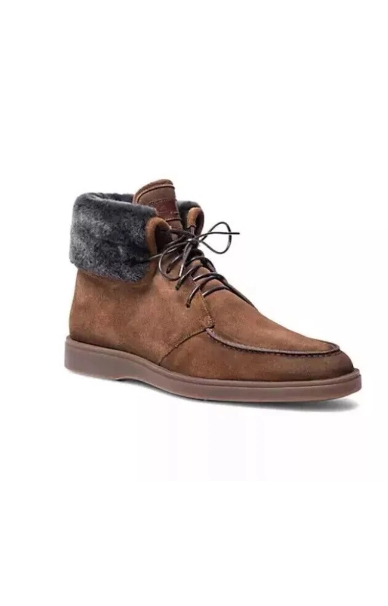 Santoni Men\'s Brown Suede Hiking Boots Lace Up Side Zip Leather Lined US 13 Men main image 4
