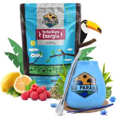 Mate Tee Set Rio Parana Energia Guarana 500g Mate Becher Blau 330 ml Bombilla