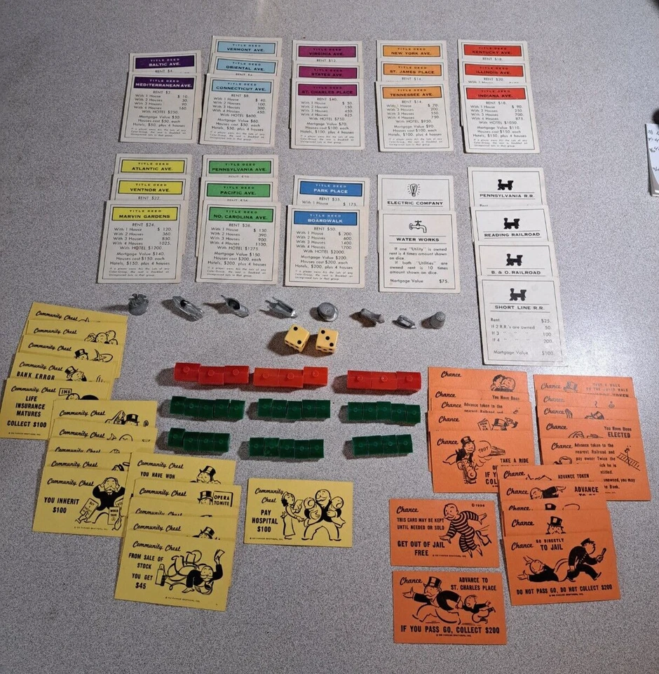 Parker Brother's Inc. 1936 Juego Monopoly cartas y piezas 108 piezas #1405L79 Foto 3 de 4