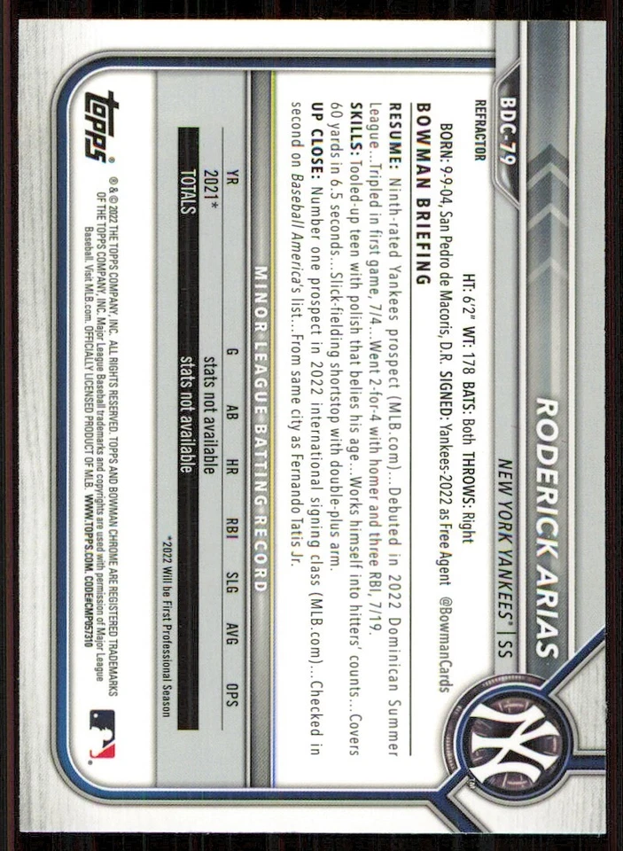 2022 Bowman Chrome Draft Refractors #BDC79 Roderick Arias - Image 2 of 2