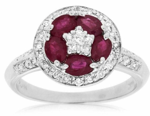ESTATE 1.27CT ROUND DIAMOND & AAA RUBY 14KT WHITE GOLD OVAL FLOWER STAR FUN RING
