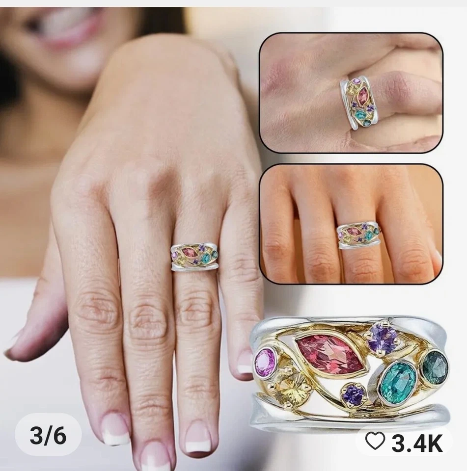 Anillos hechos a mano con piedras de cristal multicolores de diseño elegante talla 8 Foto 2 de 4