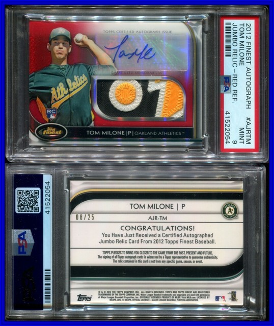 PSA 9 2012 Topps Finest Patch Autograph Red Refractor Tom Milone RC 8/25 POP1