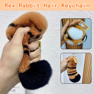 Rex Rabbit Fur Tiger Paw Tail Keyring Plush Pendant Bag Charm Keychain 1X