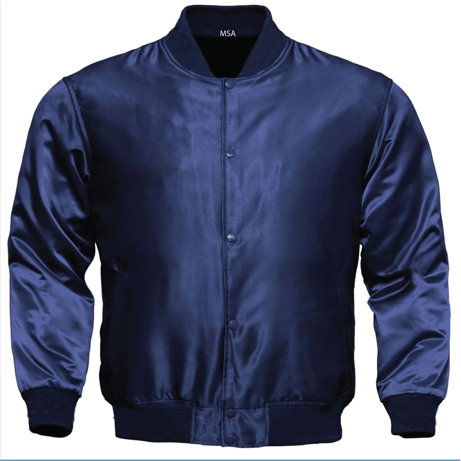 Custom Navy Blue Satin Letterman Varsity Jacket for Men - Size M
